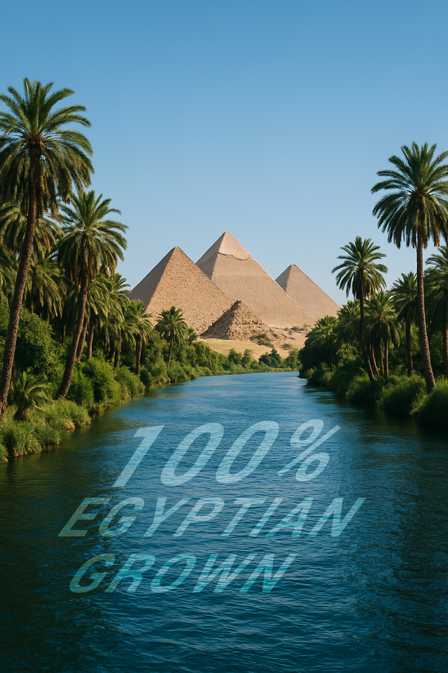 Pyramids of Giza with palm trees and a river in the foreground.